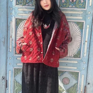 macrame blockprint棉襖連帽外套 m3842q (紅色)