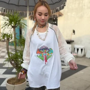 macrame 刺繡蘑菇白色網網長tee m3615ch (0413)