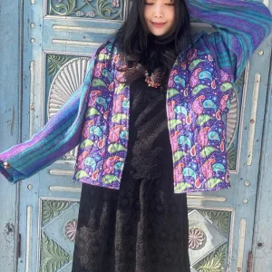 macrame blockprint棉襖連帽外套 m3842q (藍紫色)