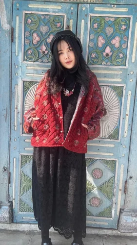 macrame blockprint棉襖連帽外套 m3842q (紅色)
