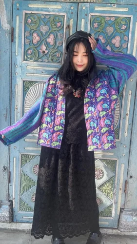 macrame blockprint棉襖連帽外套 m3842q (藍紫色)